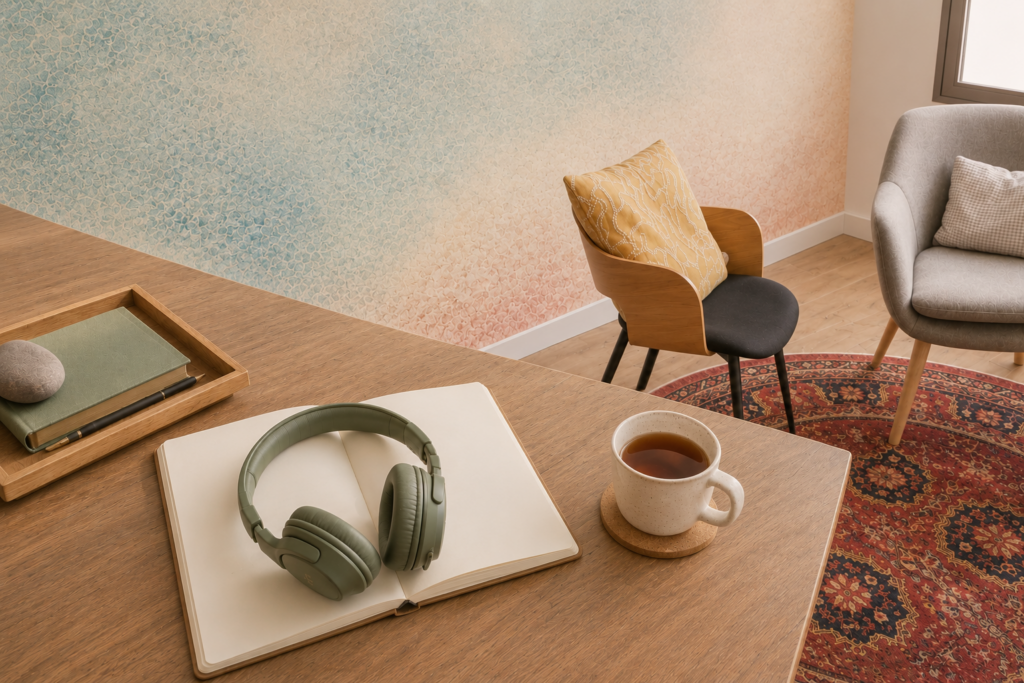 Auriculares sobre mesa en despacho de psicoterapia